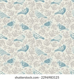 Seamless pattern of pigeons with different floral folk style art on them, amidst flowers and leaves. Done in a cute, clean art style, in soft colors. Great for kids clothing, fashion, textiles, home