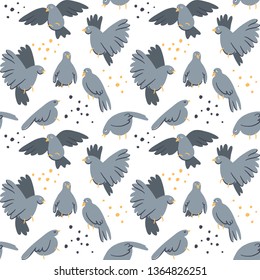 Seamless pattern with pigeons and dots. Hand drawn style vector illustration. Great for backgrounds, fabrics, wrapping paper, etc.