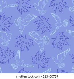 Seamless pattern with pigeons and leaves on a blue background. 