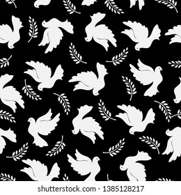 Seamless pattern with pigeons and olive branch. Modern random colors. Ideal for textiles, packaging, paper printing, simple backgrounds and textures.
