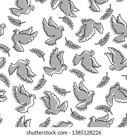 Seamless pattern with pigeons and olive branch. Modern random colors. Ideal for textiles, packaging, paper printing, simple backgrounds and textures.