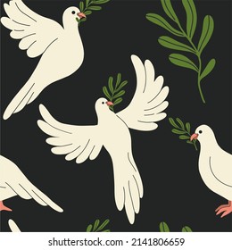 Seamless pattern with pigeons with olive vecta on a black background. Dove as a symbol of world peace and freedom for Ukraine in wartime.
