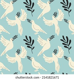 Seamless pattern with pigeons with olive vecta on a blue background. Dove as a symbol of world peace and freedom for Ukraine in wartime.