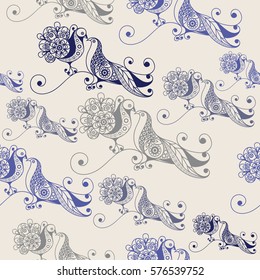 Seamless pattern with pigeons on the branch (symbol of the Easter holiday). Decorative print. Abstract background texture. Fabric, cloth design, wallpaper, wrapping, packaging. Vector illustration.