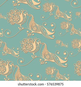 Seamless pattern with pigeons on the branch (symbol of the Easter holiday). Decorative print. Abstract background texture. Fabric, cloth design, wallpaper, wrapping, packaging. Vector illustration.