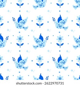 Seamless pattern with pigeons on a white background. Dove of Peace