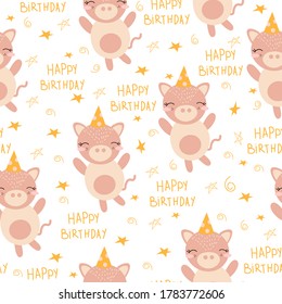 Seamless pattern with piggies. Happy Birthday. Nice pig. Design of packaging paper, fabrics, and clothing for small children. Children's room design. Vector seamless illustration.