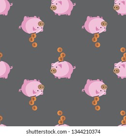 Seamless Pattern of Piggy Bank Savings and Gold Coin. Piggy money bank funny cartoon vector seamless pattern
