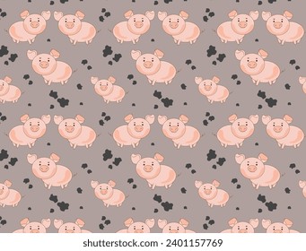 Seamless pattern piglet and black spots. Cute  funny cartoon pig character,vector illustration.