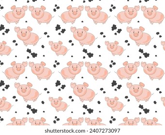 Seamless pattern piglet and black spots. Cute  funny cartoon pig character,vector illustration.