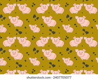 Seamless pattern piglet and black spots. Cute  funny cartoon pig character,vector illustration.