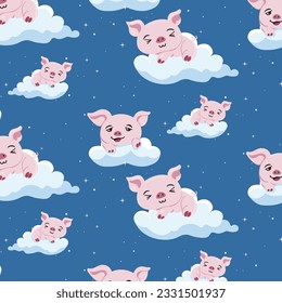 seamless pattern piglet sleeping with night sky and stars 