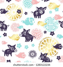 Seamless pattern with piglets, clouds and round ornaments. Seasonal greetings. Asian Lunar New Year decor. Hand drawn rough style. Vector illustration.