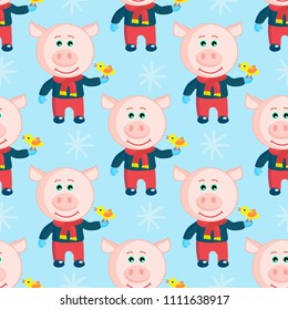 Seamless pattern with piglets. Suitable for Christmas wrapping paper, greetings, fabric, textile, Wallpaper.
