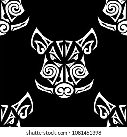 Seamless pattern with Pig's or Boar's head. Pig is symbol of 2019 year. Background for tattoo studio, oriental concept, hunting club. Pig's, Boar's head stylized Maori face tattoo.