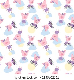 Seamless pattern with pigs, clouds and sun. Piggy rides a bike.