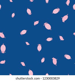 Seamless pattern with pigs in funny poses. Blue background.