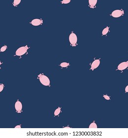 Seamless pattern with pigs in funny poses. Dark blue background.