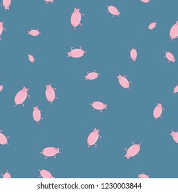 Seamless pattern with pigs in funny poses. Blue background.