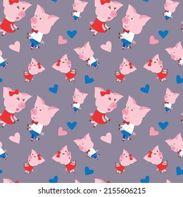 Nahtlose Muster der verliebten Schweine. Frische Schweine zum Valentinstag. Für Stoffe und Kinderdesign.