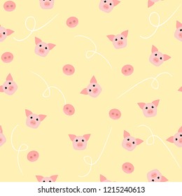 Seamless pattern with pigs and snouts on beige background. Vector illustration