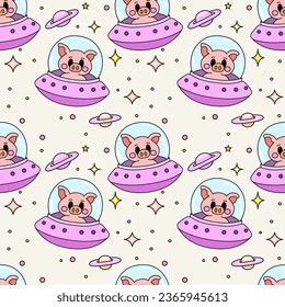 Seamless pattern with pigs in spaceships - hand drawn vector illustration. Flat color design.