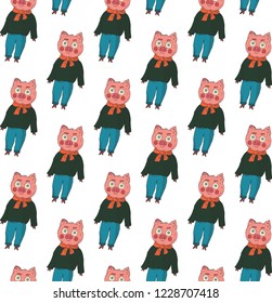 Seamless pattern. Pigs in a sweater, jeans and a scarf on a white background. Vector.