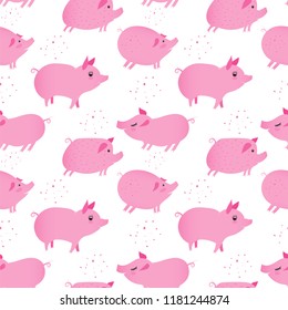 Seamless pattern of pigs as symbol of Chinese zodiac sign. 2019 Eastern pig year. Fun brush pink vector illustration for banners, greeting card, poster design