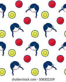 Seamless pattern of pigtail cute girl faces with red and yellow watermelon slices background illustration vector.