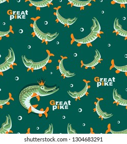 Seamless pattern with pikes. Queen pike. Great pike. Design for the club of fishing enthusiasts, for printing on fabrics or paper.