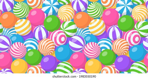 Seamless pattern with pile of colorful balls, bubble gum, round candies or beach bouncy spheres. Vector cartoon background with many sweet dragee or gumballs with striped and spiral pattern