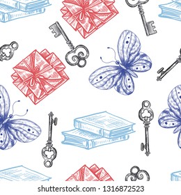 Seamless pattern Pile of vintage envelopes hand drawn vector, butterfly, keys, retro stack of letters tied with tape, books ink sketch isolated on white background, decorative engraved for design