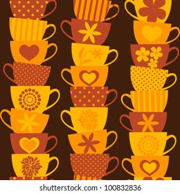 Seamless pattern with piles of stacked colorful cups.