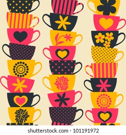 Seamless pattern with piles of stacked colorful cups.