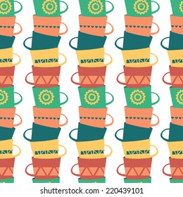 Seamless Pattern with Piles of Stacked Colorful cups. Vector Background