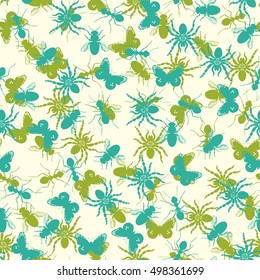 Seamless pattern for pillow with turqiouse and green insects silhouettes. Vector illustration