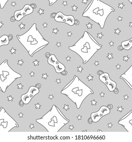 Seamless pattern pillows and night masks.pattern sleeping bedtime elements,sleeping mask,print night mask,children pattern.Trendy texture for print, textile,fabric,scrapbook,packaging,cards