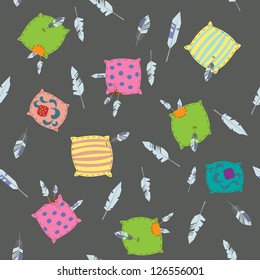 Seamless pattern with pillows in the patch and flying around the feathers