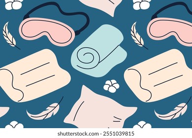 Nahtloses Muster, Kissen und Schlafmasken auf dunkelblauem Hintergrund. Schlafvektorgrafik im flachen Cartoon-Stil, perfekt für natürliche Bettwäsche, Entspannung, Schlafbekleidung und Inneneinrichtung