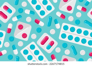 Seamless Pattern with Pills. Blisters with Capsules and Tablets. Vector illustration.