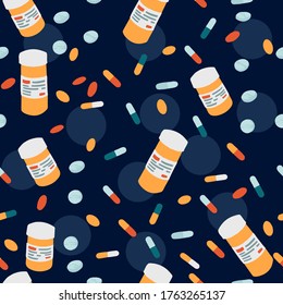 Seamless pattern with pills and bottle pills flat vector illustration on dark background