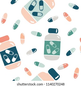 Seamless pattern with pills and bottles in different colors. Medicine background. Modern cartoon vector illustration in a flat style