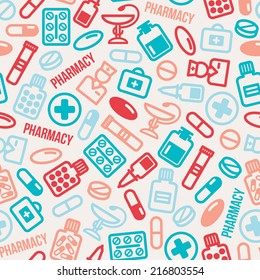 Seamless pattern of pills and capsules icons. Vector illustration. Pharmacy symbols and objects. Pharmaceutical background.