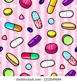 Seamless pattern with lot of pills and capsules. Medicine or dietary supplements. Healthy lifestyle. Alcohol markers style. Doodle. Health and care. Design for clinics, hospitals, pharmacies. Vector