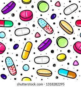 Patrón sin problemas con muchas pastillas y cápsulas. Medicina o suplementos dietéticos.Estilo de vida saludable. Estilo de los marcadores de alcohol. Doodle. Salud y atención. Diseño para clínicas, hospitales, farmacias. Vector