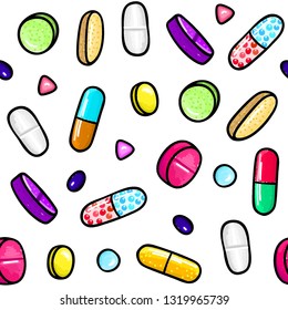 Seamless pattern with lot of pills and capsules. Medicine or dietary supplements. Healthy lifestyle. Alcohol markers style. Doodle. Health and care. Design for clinics, hospitals, pharmacies. Vector