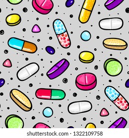 Seamless pattern with lot of pills and capsules. Medicine or dietary supplements. Healthy lifestyle. Alcohol markers style. Doodle. Health and care. Design for clinics, hospitals, pharmacies. Vector