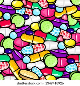 Seamless pattern with lot of pills and capsules. Medicine or dietary supplements. Healthy lifestyle. Alcohol markers style. Doodle. Health and care. Design for clinics, hospitals, pharmacies. Vector