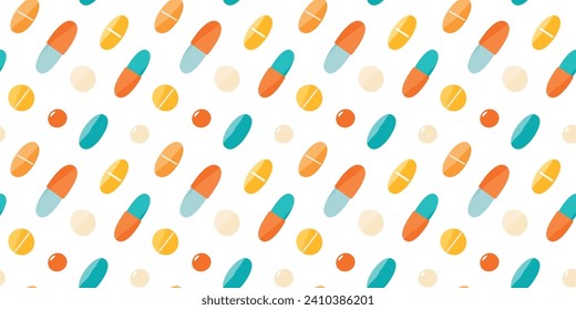 Seamless pattern with pills and capsules on white background. Medicine or dietary supplements. Healthy lifestyle. Design for clinics, hospitals, pharmacies, etc.