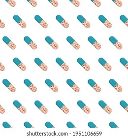 Nahtloses Muster mit Tabletten, Kapseln oder Tabletten einzeln auf weißem Hintergrund. Medizinische, pharmazeutische Symbole. Vektorgrafik.